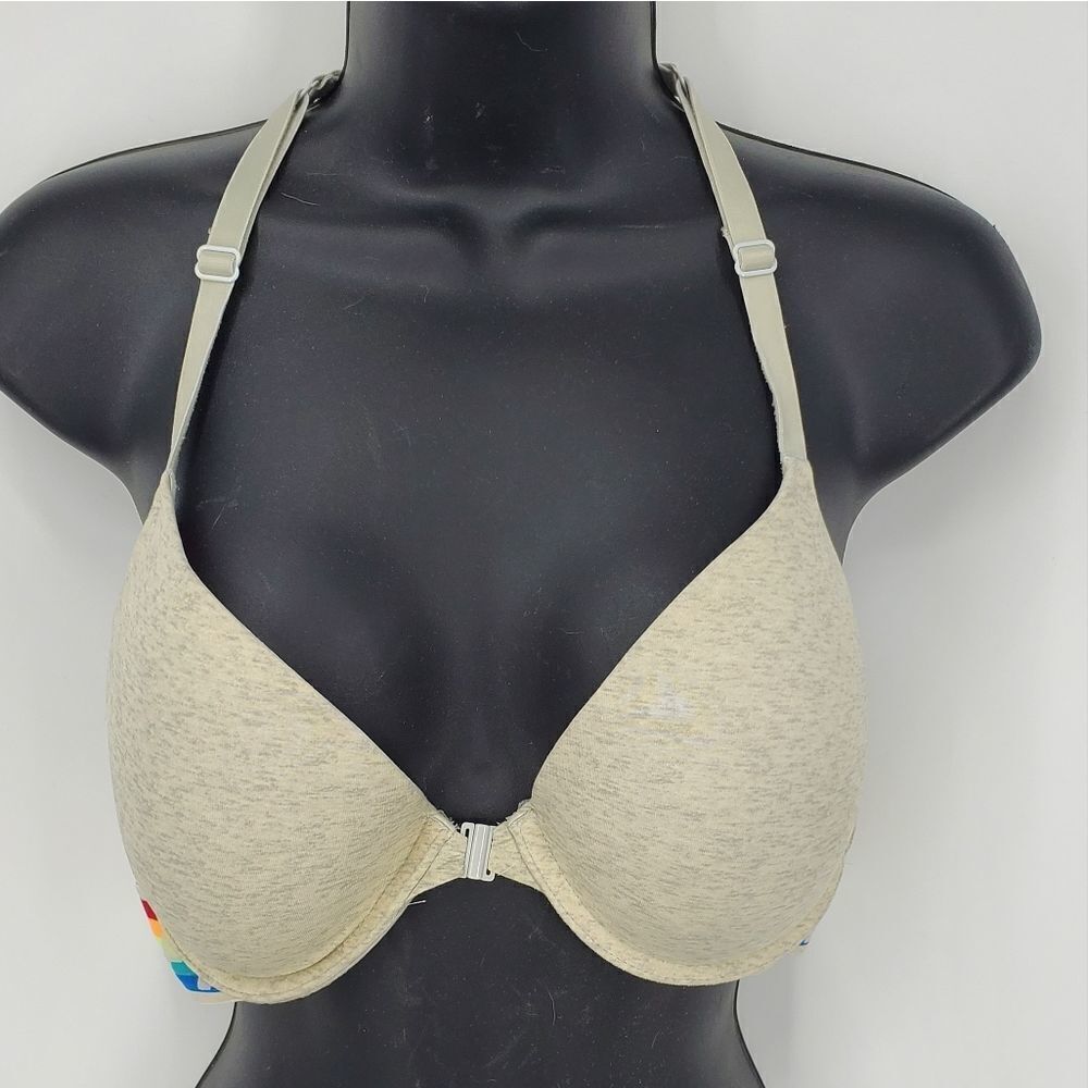 Pink 32 D Strappy Back Front Closure Underwire Bra With Rainbow Chest Band